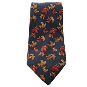 Lands’ End Men's 100% Silk Necktie Autumn Leaves Navy Preppy Fall Foliage U.S.A.